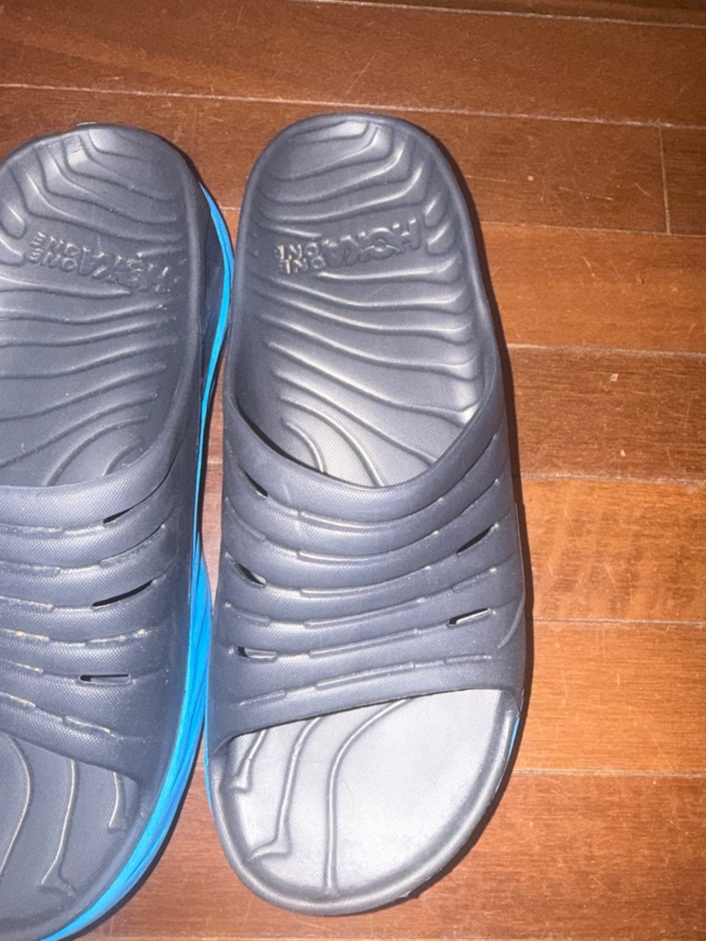 Hoka Men's Black Slide Sandals with Blue Midsoles - Picture 5 of 10